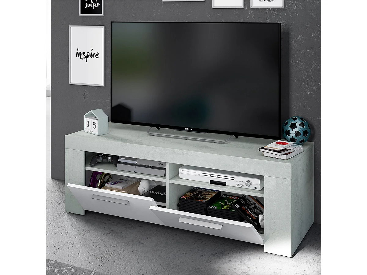Mobile porta TV moderno televisione salotto BIANCO + CEMENTO 120X40X42 - 016621L