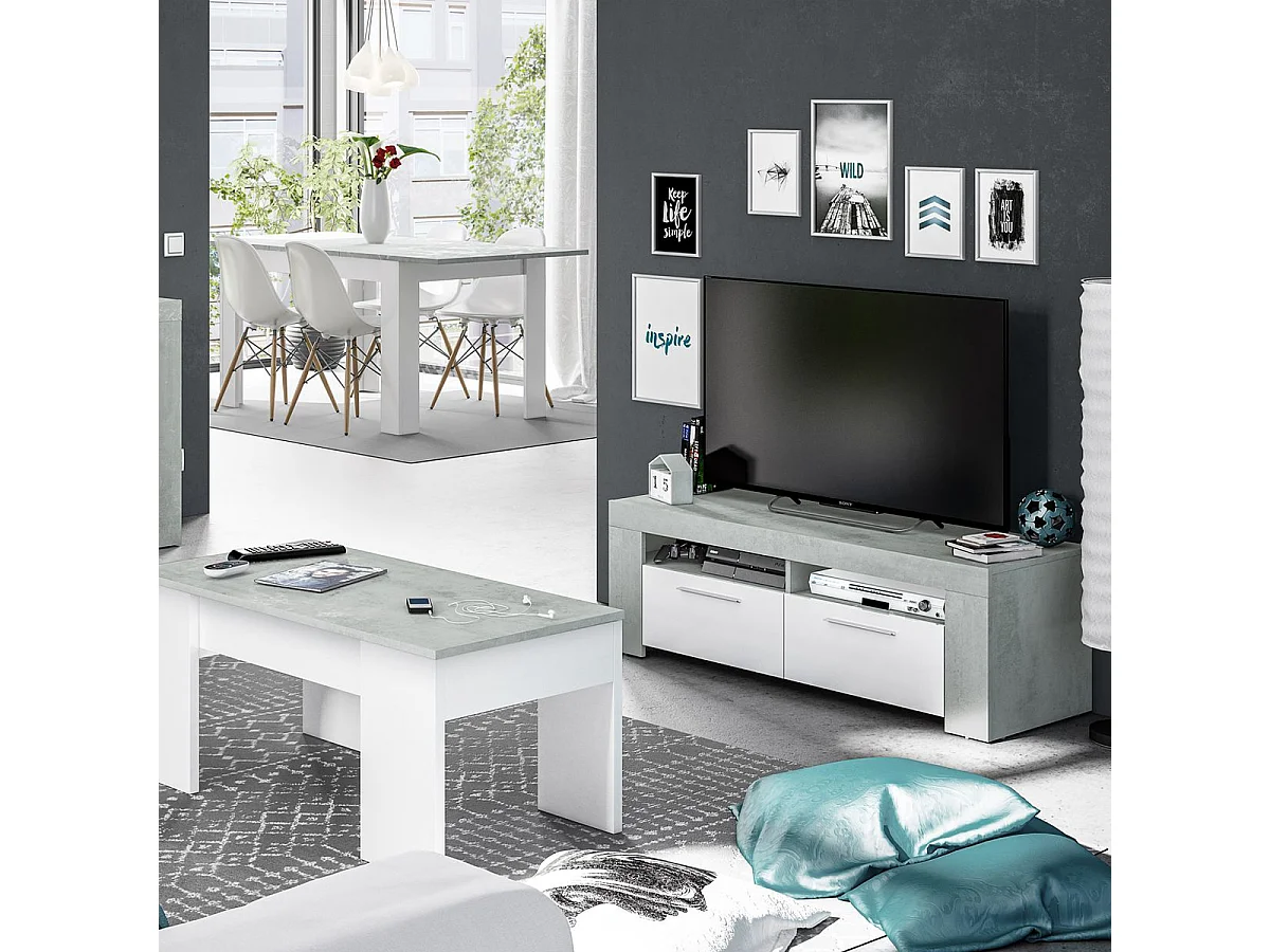 Mobile porta TV moderno televisione salotto BIANCO + CEMENTO 120X40X42 - 016621L