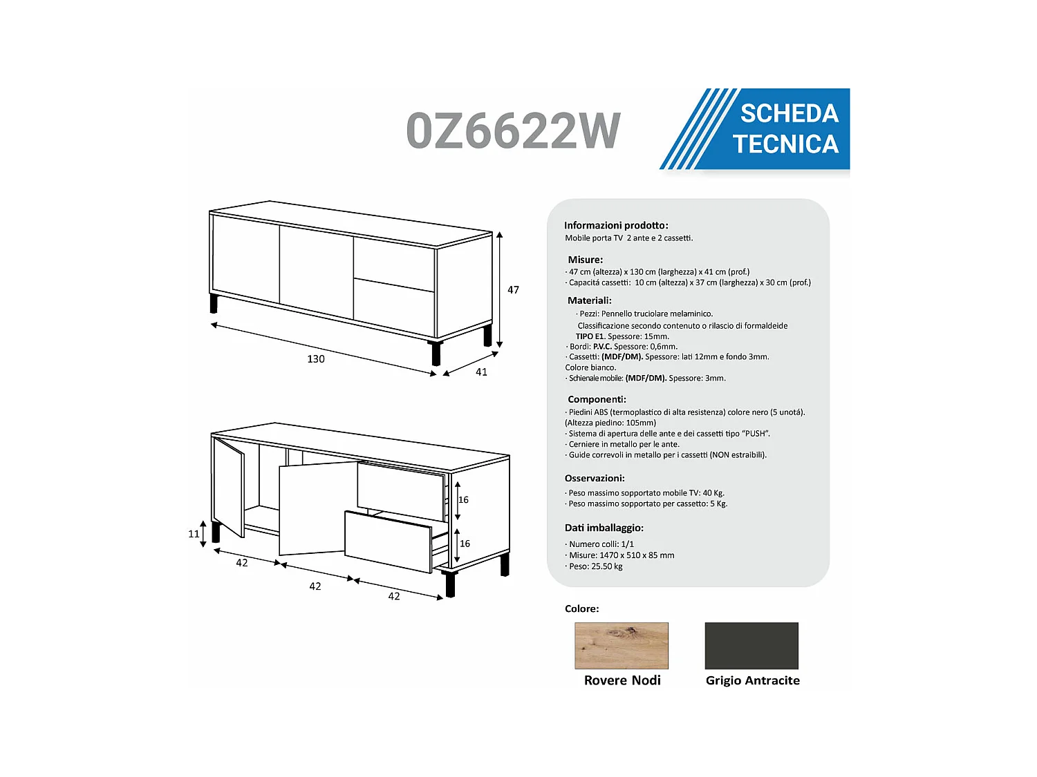 Mobile porta TV moderno soggiorno salotto camera letto ROVERE NODI e ANTRACITE 130 X 47 X 41 cm 0Z6622W