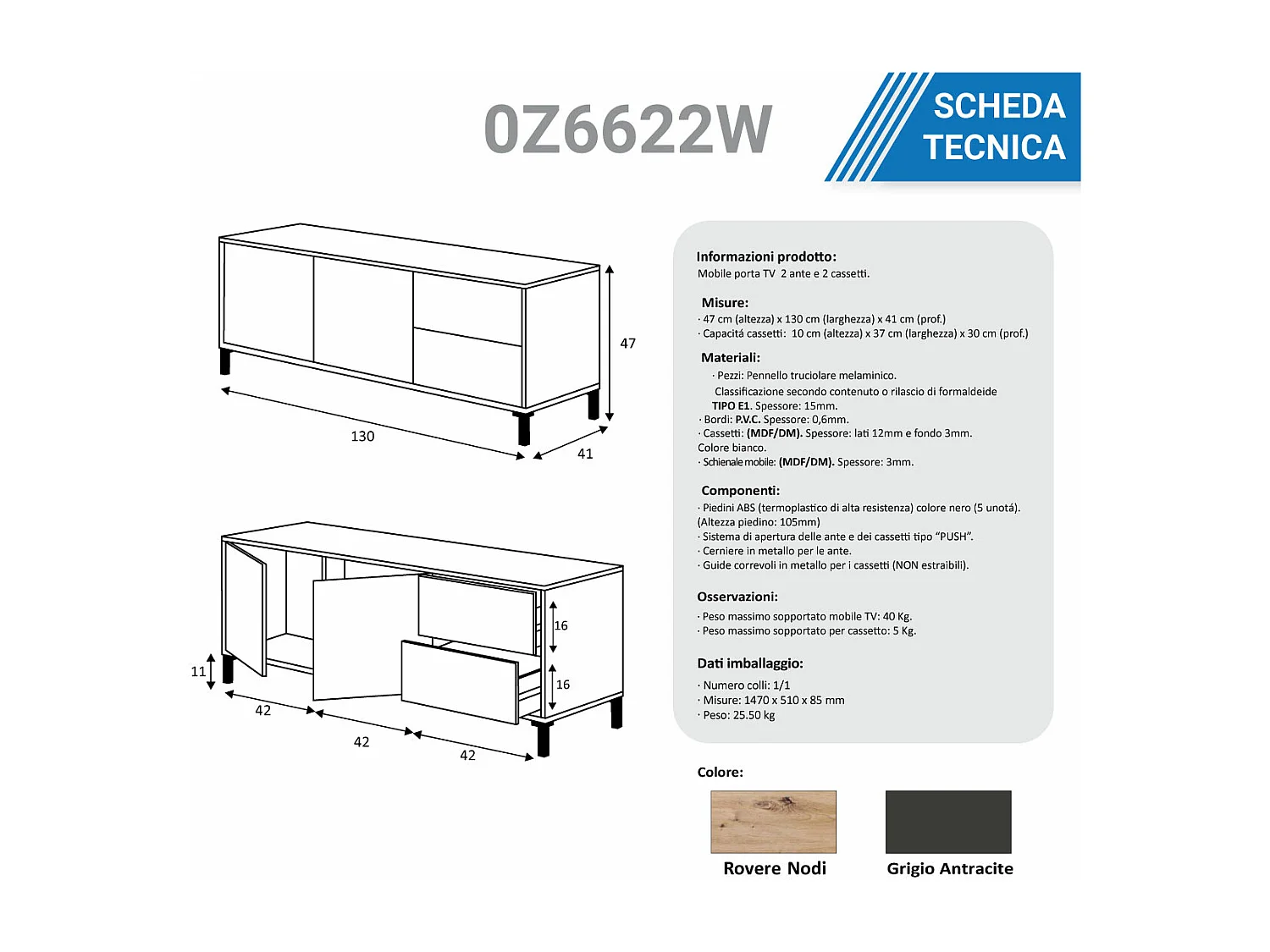 Mobile porta TV moderno soggiorno salotto camera letto ROVERE NODI e ANTRACITE 130 X 47 X 41 cm 0Z6622W