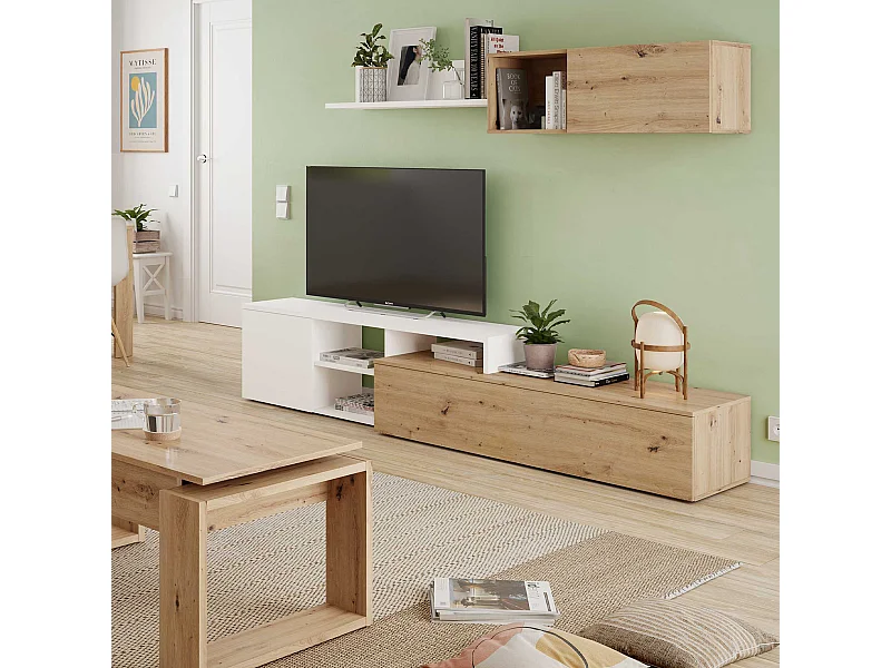 Parete attrezzata soggiorno moderna mobile TV pensile mensola sala pranzo salotto ROVERE NODI+BIANCO 220 X 44 X 40 cm 016647W