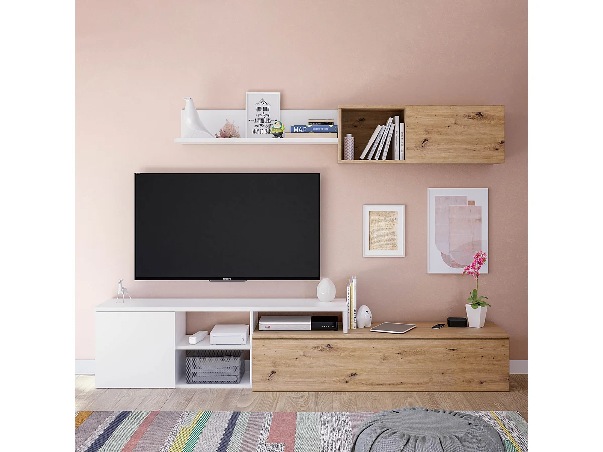 Parete attrezzata soggiorno moderna mobile TV pensile mensola sala pranzo salotto ROVERE NODI+BIANCO 220 X 44 X 40 cm 016647W