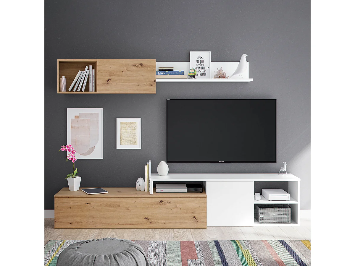 Parete attrezzata soggiorno moderna mobile TV pensile mensola sala pranzo salotto ROVERE NODI+BIANCO 220 X 44 X 40 cm 016647W