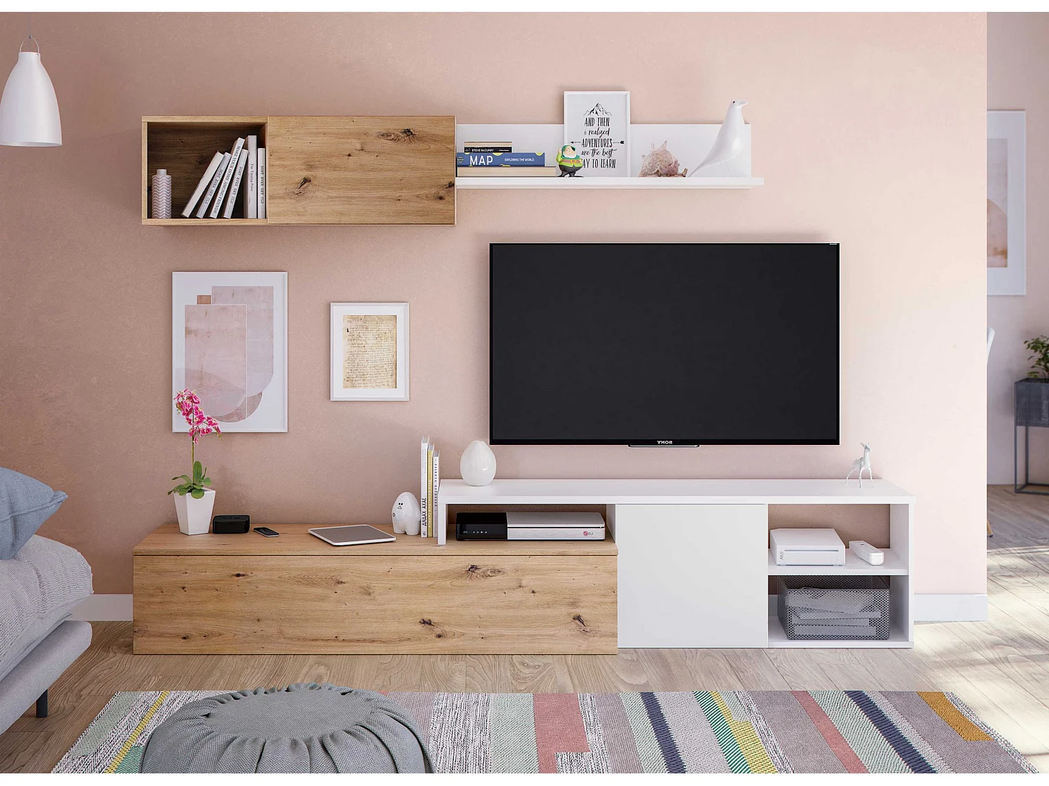 Parete attrezzata soggiorno moderna mobile TV pensile mensola sala pranzo salotto ROVERE NODI+BIANCO 220 X 44 X 40 cm 016647W