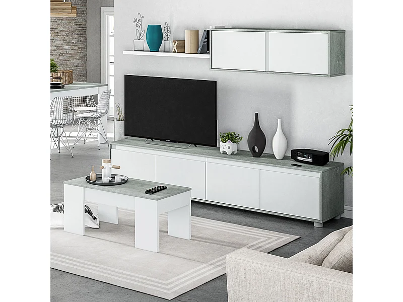 Parete attrezzata soggiorno moderna mobile TV pensile mensola sala pranzo salotto CEMENTO+BIANCO 200 X 41 X 43 cm - 016663L