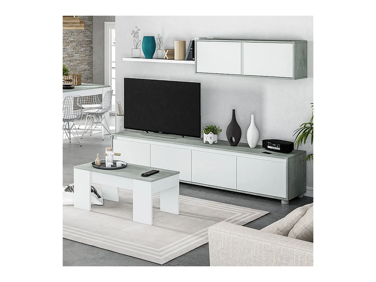 Parete attrezzata soggiorno moderna mobile TV pensile mensola sala pranzo salotto CEMENTO+BIANCO 200 X 41 X 43 cm - 016663L