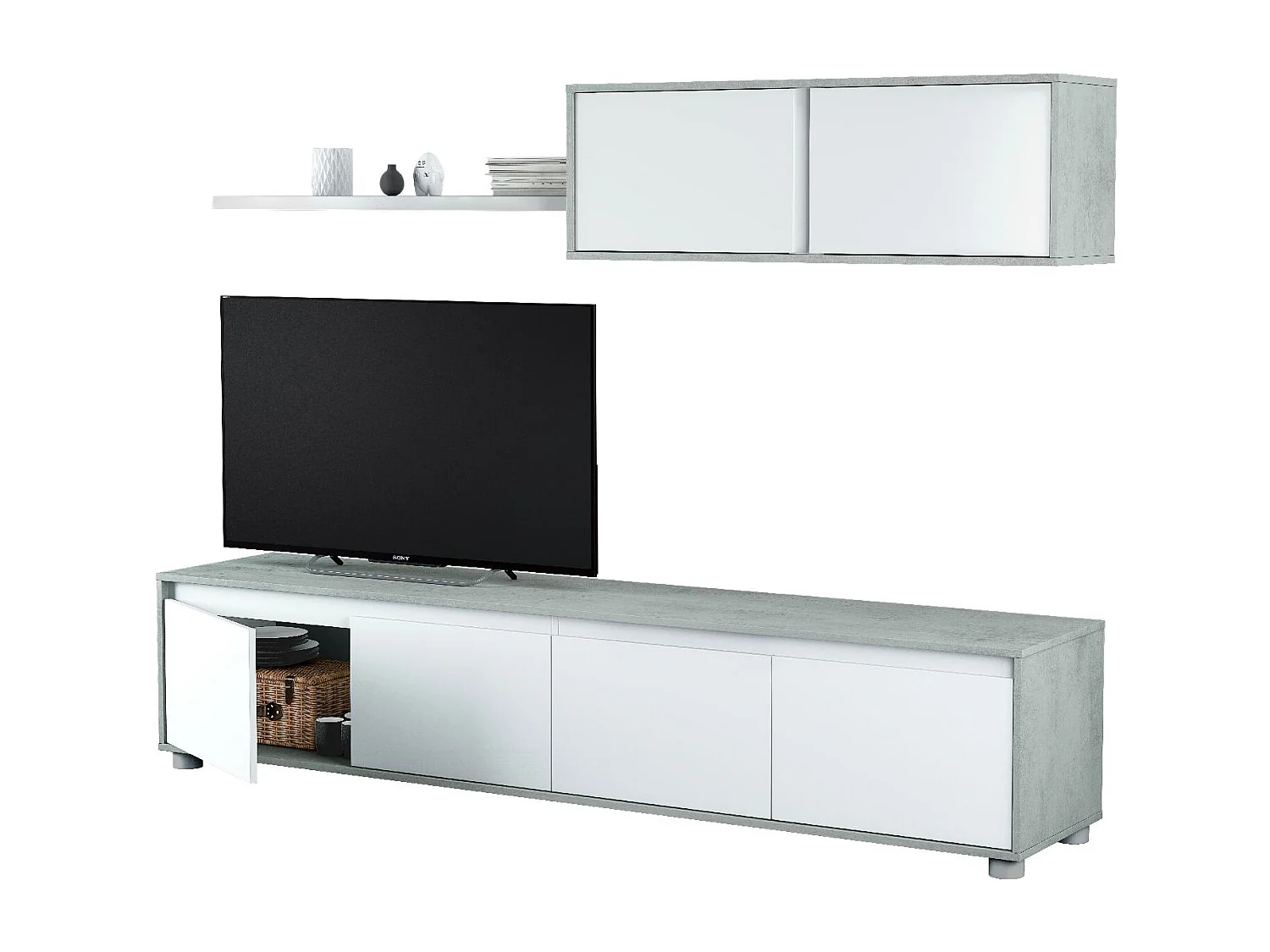 Parete attrezzata soggiorno moderna mobile TV pensile mensola sala pranzo salotto CEMENTO+BIANCO 200 X 41 X 43 cm - 016663L
