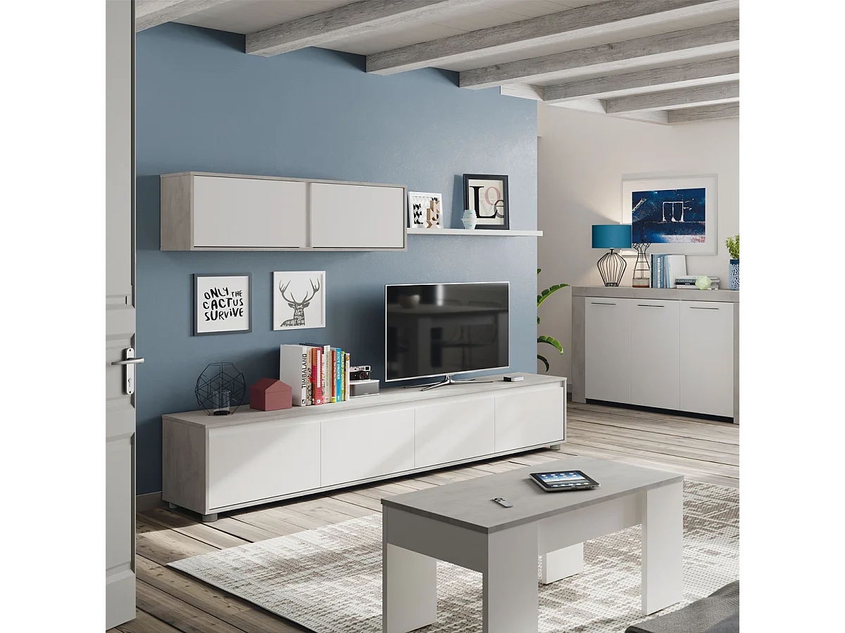 Parete attrezzata soggiorno moderna mobile TV pensile mensola sala pranzo salotto CEMENTO+BIANCO 200 X 41 X 43 cm - 016663L