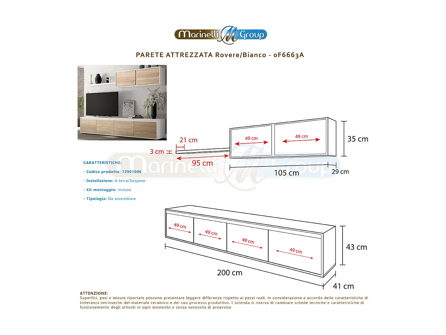 Parete attrezzata soggiorno moderna mobile TV pensile mensola sala pranzo salotto ROVERE+BIANCO 200 X 41 X 43 cm 0F6663A