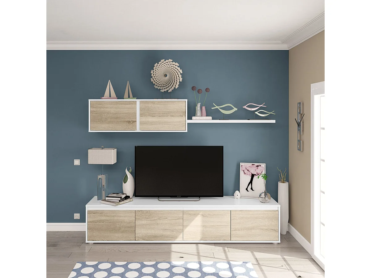 Parete attrezzata soggiorno moderna mobile TV pensile mensola sala pranzo salotto ROVERE+BIANCO 200 X 41 X 43 cm 0F6663A