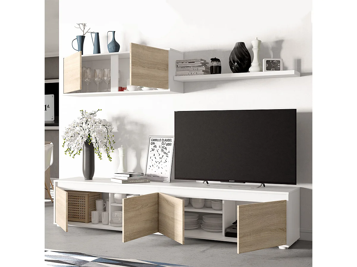 Parete attrezzata soggiorno moderna mobile TV pensile mensola sala pranzo salotto ROVERE+BIANCO 200 X 41 X 43 cm 0F6663A