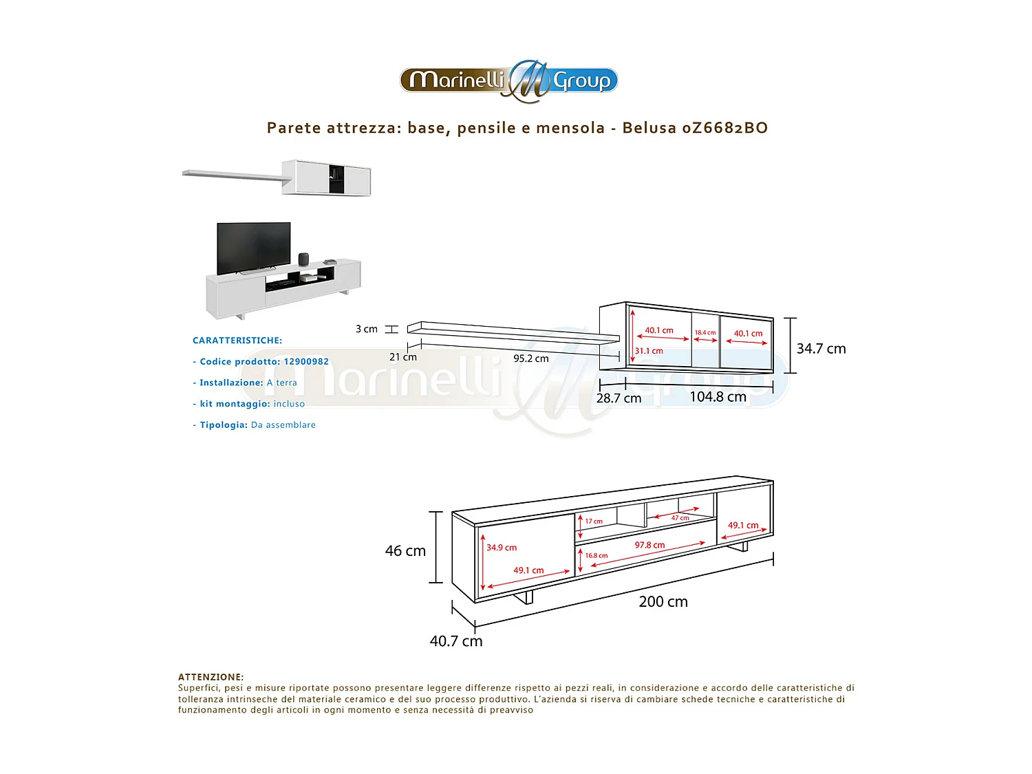 Parete attrezzata soggiorno moderna mobile TV pensile sala pranzo salotto BIANCO 200 X 41 X 46 cm - 0Z6682BO