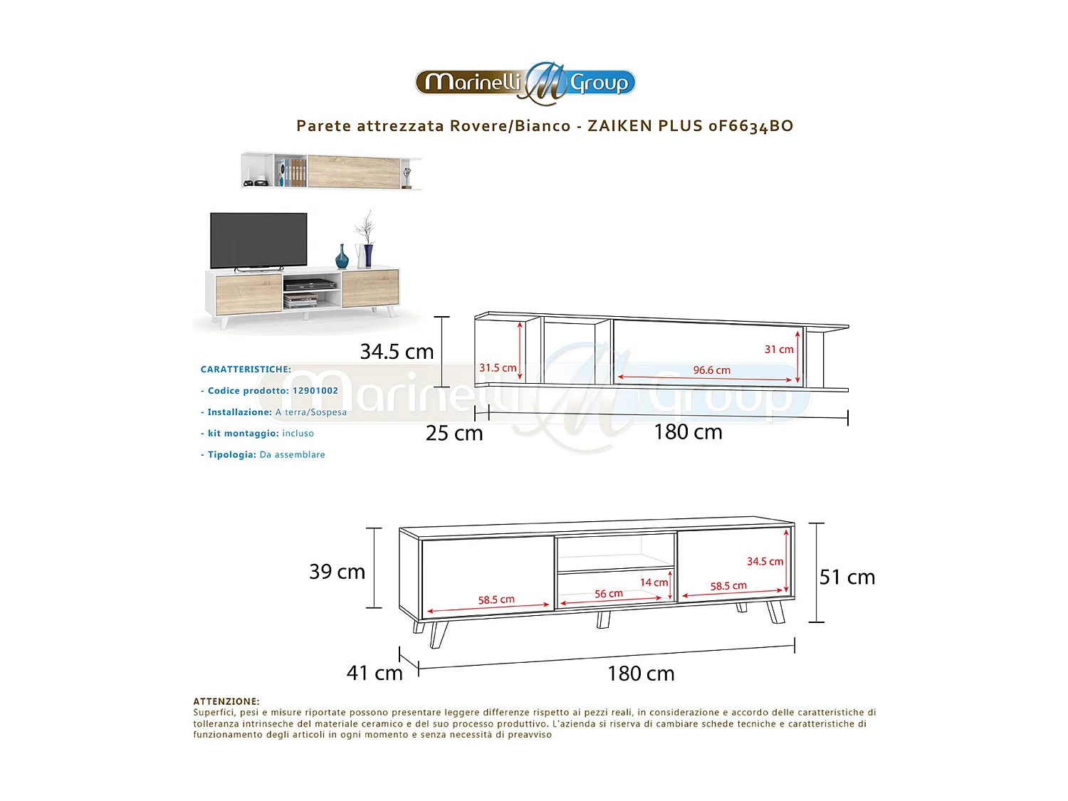 Parete attrezzata soggiorno moderna mobile TV pensile sala pranzo salotto ROVERE+BIANCO 180 X 41 X 51 cm 0F6634BO