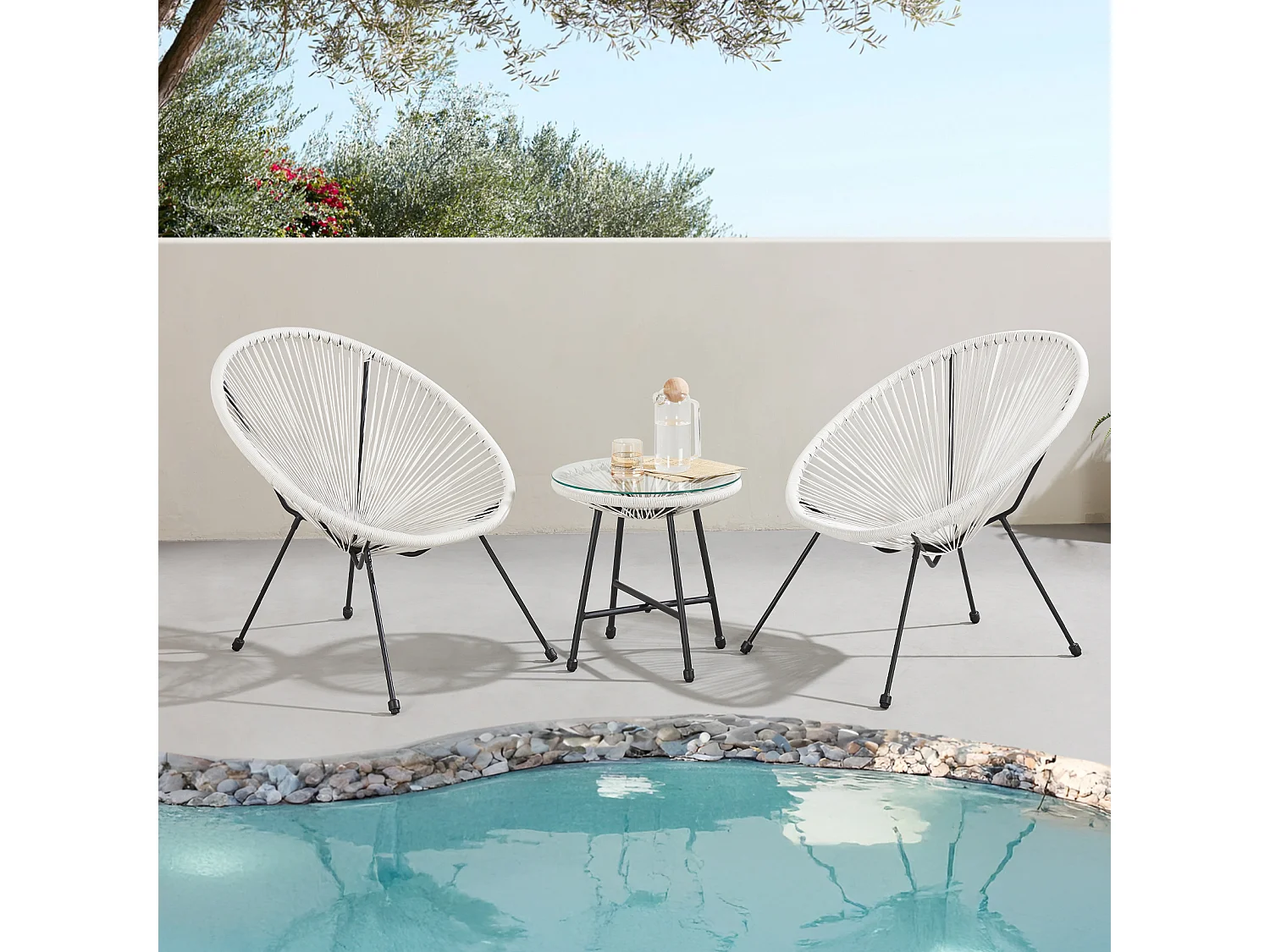 Ensemble de meubles de balcon SVITA BALI Ensemble de salon Relax Egg-Chair en osier Design Blanc
