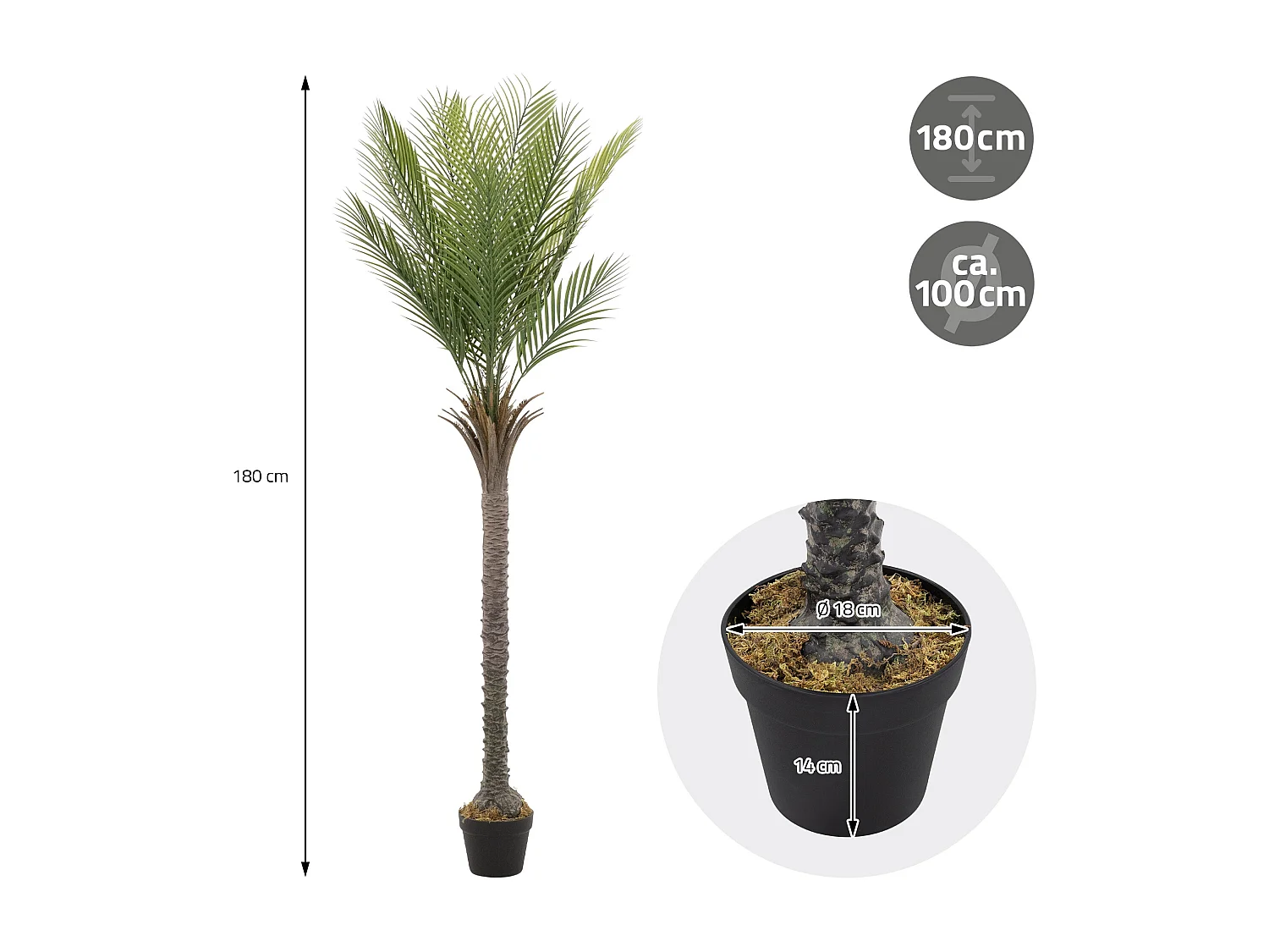 Palmera artificial ML-Design de 180 cm, planta artificial grande, palmera tropical artificial, planta artificial, planta falsa decorativa