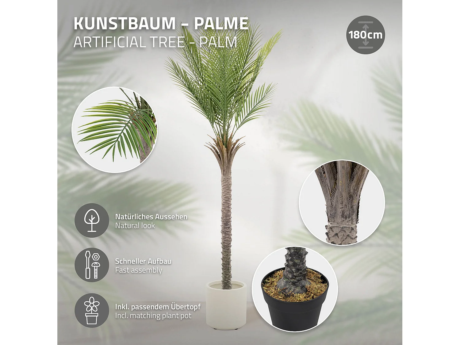 Palmier artificiel 180 cm, Plante artificielle grande, Palmier tropical artificiel, Plante artificielle,  Plant Deko