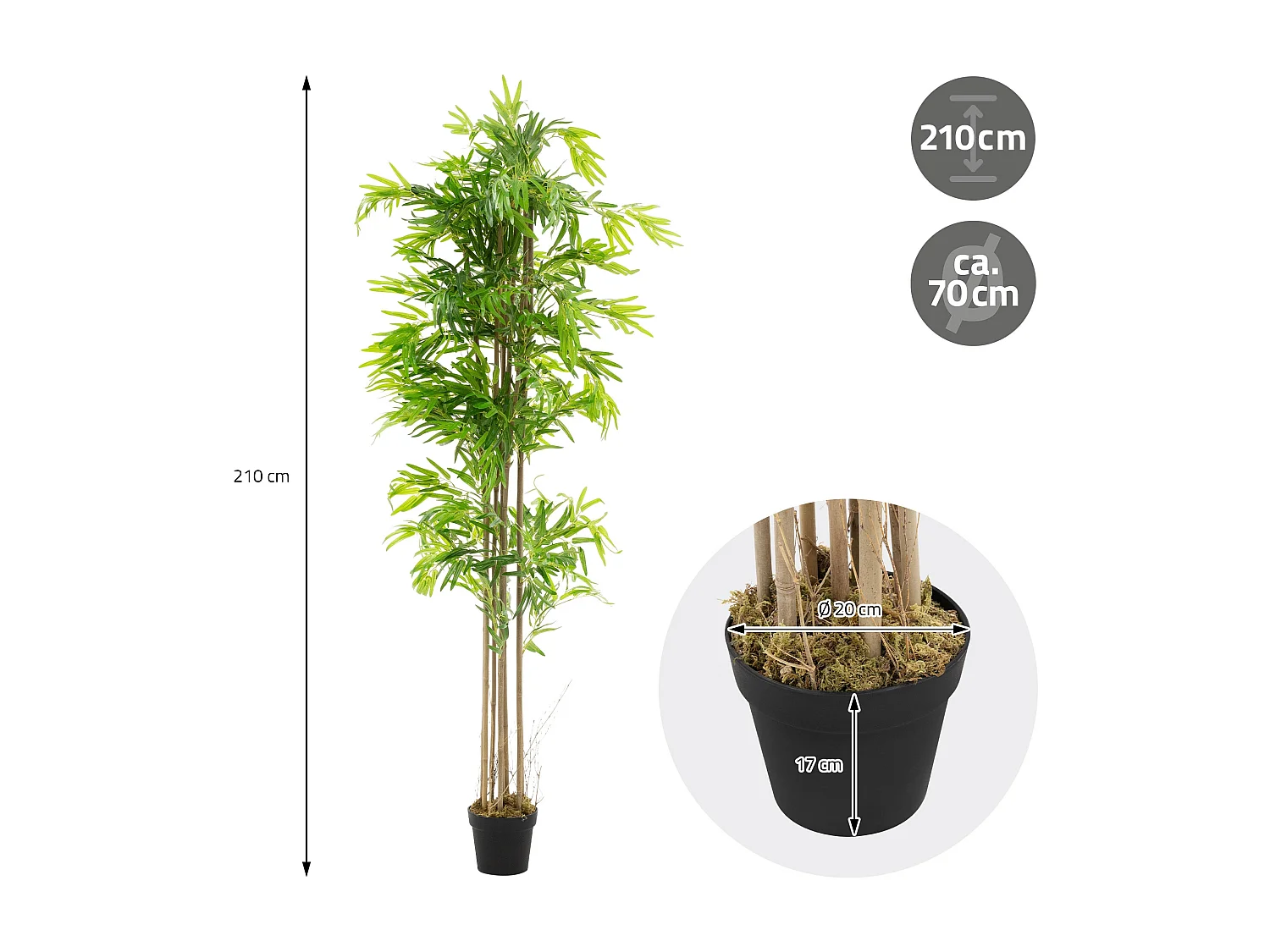 Bambou artificiel 210 cm, Plante artificielle grande, Plante artificielle avec tige en bois véritable