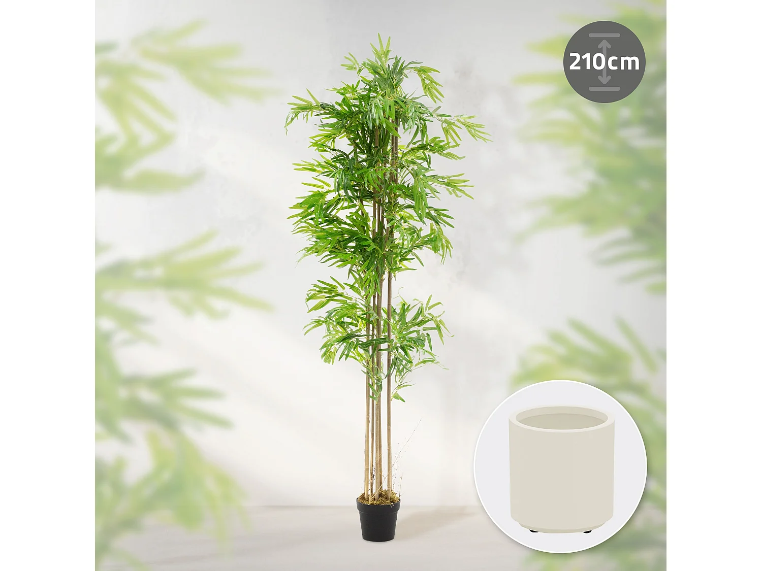 Bambou artificiel 210 cm, Plante artificielle grande, Plante artificielle avec tige en bois véritable