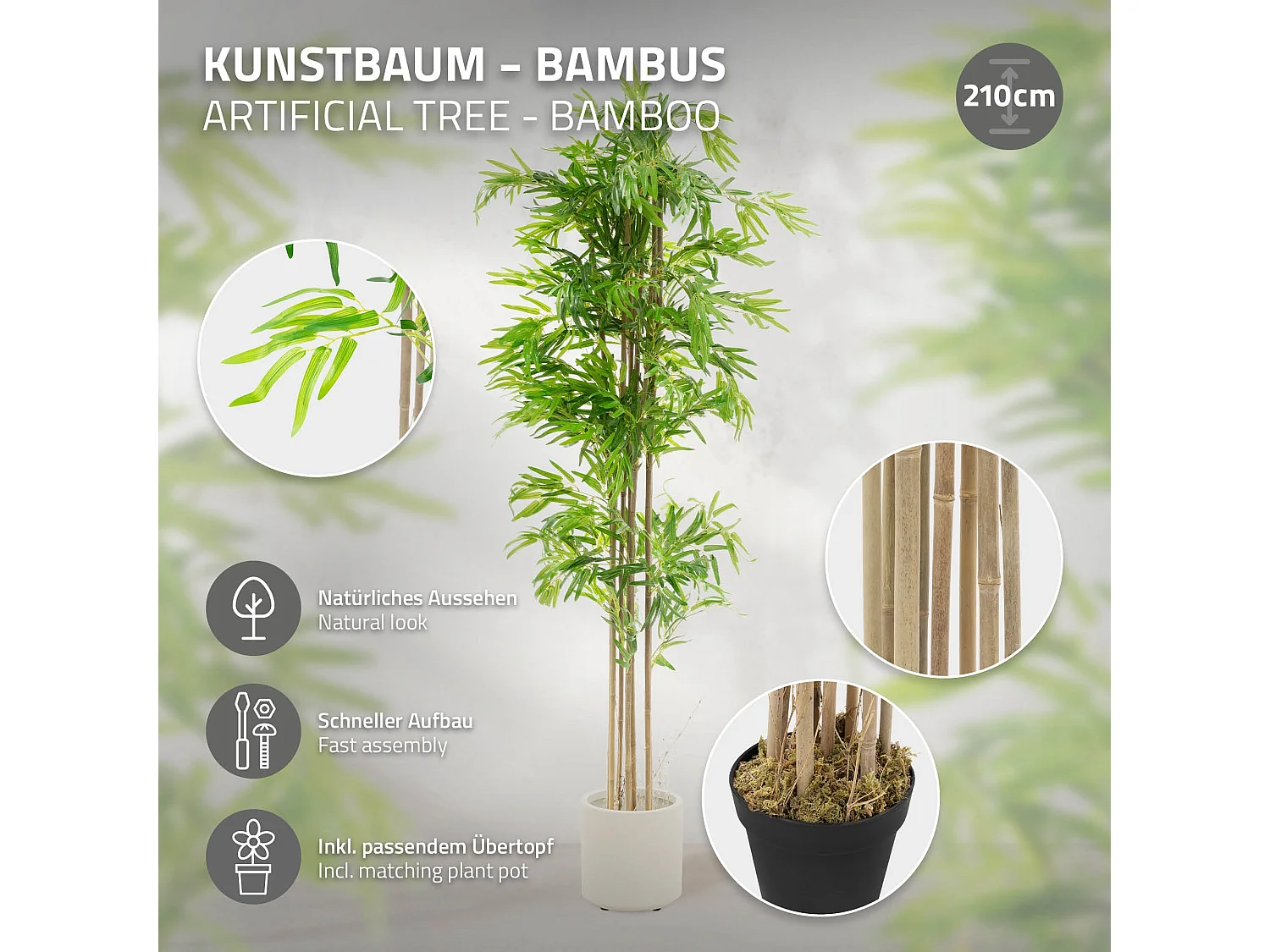 Bambou artificiel 210 cm, Plante artificielle grande, Plante artificielle avec tige en bois véritable