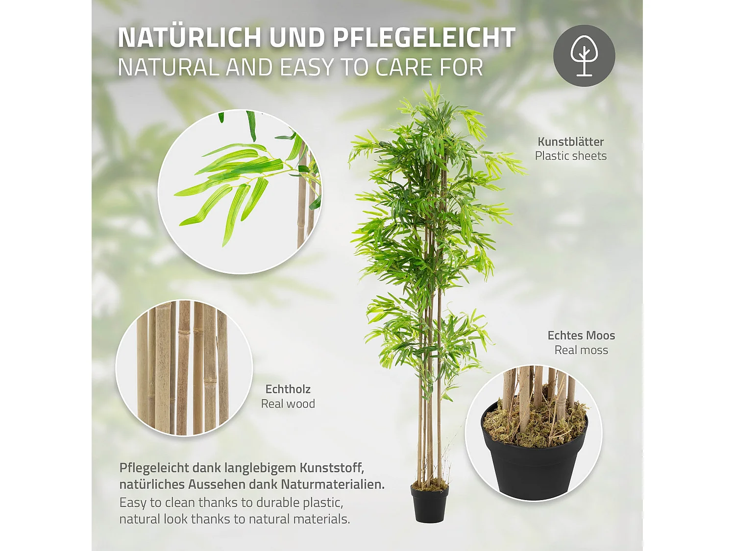 Bambou artificiel 210 cm, Plante artificielle grande, Plante artificielle avec tige en bois véritable