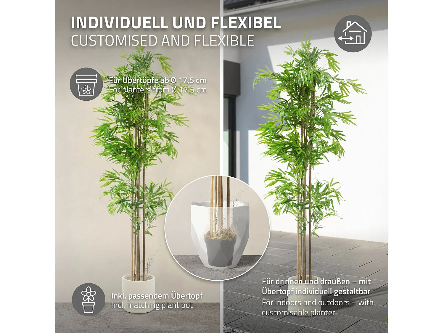 Bambou artificiel 210 cm, Plante artificielle grande, Plante artificielle avec tige en bois véritable