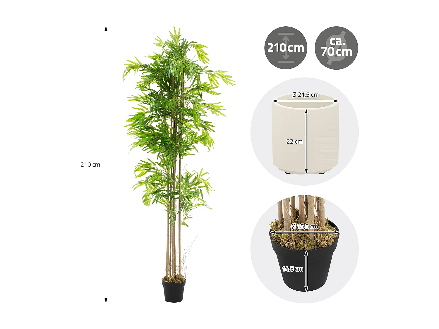 Bambou artificiel 210 cm, Plante artificielle grande, Plante artificielle avec tige en bois véritable