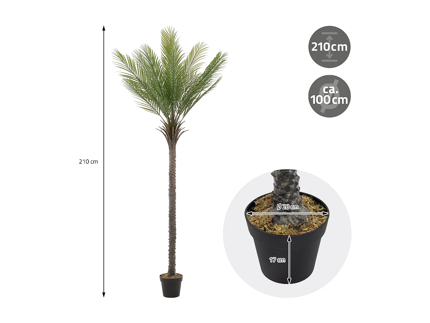 ML-Design Palmera Artificial 210 cm, Planta Artificial Grande, Palmera Tropical Artificial, Planta Artificial, Planta Falsa Deko