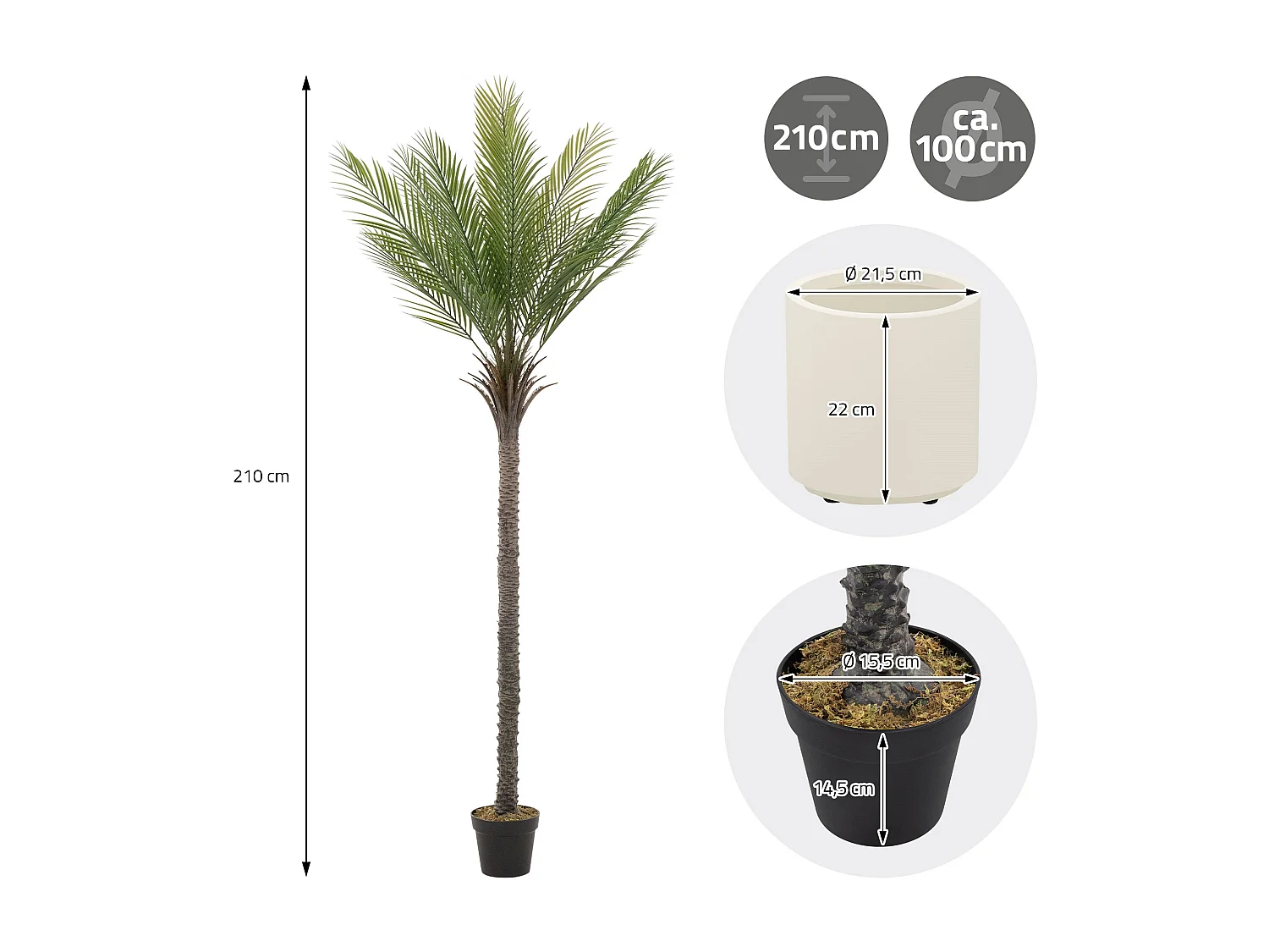 ML-Design Palma artificiale 210 cm, grande pianta artificiale, palma tropicale artificiale, pianta artificiale, pianta finta Deko