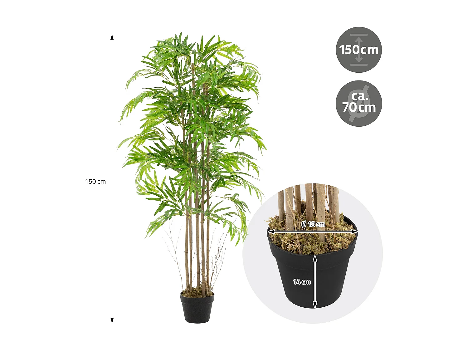 Bambou artificiel 150 cm, Plante artificielle grande, Plante artificielle avec tige en bois véritable