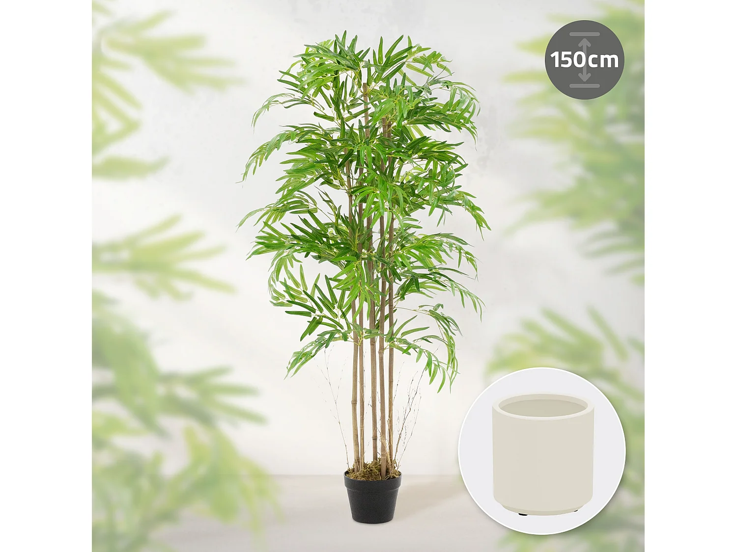 Bambou artificiel 150 cm, Plante artificielle grande, Plante artificielle avec tige en bois véritable