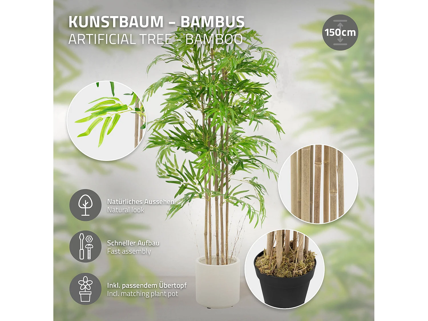 Bambou artificiel 150 cm, Plante artificielle grande, Plante artificielle avec tige en bois véritable