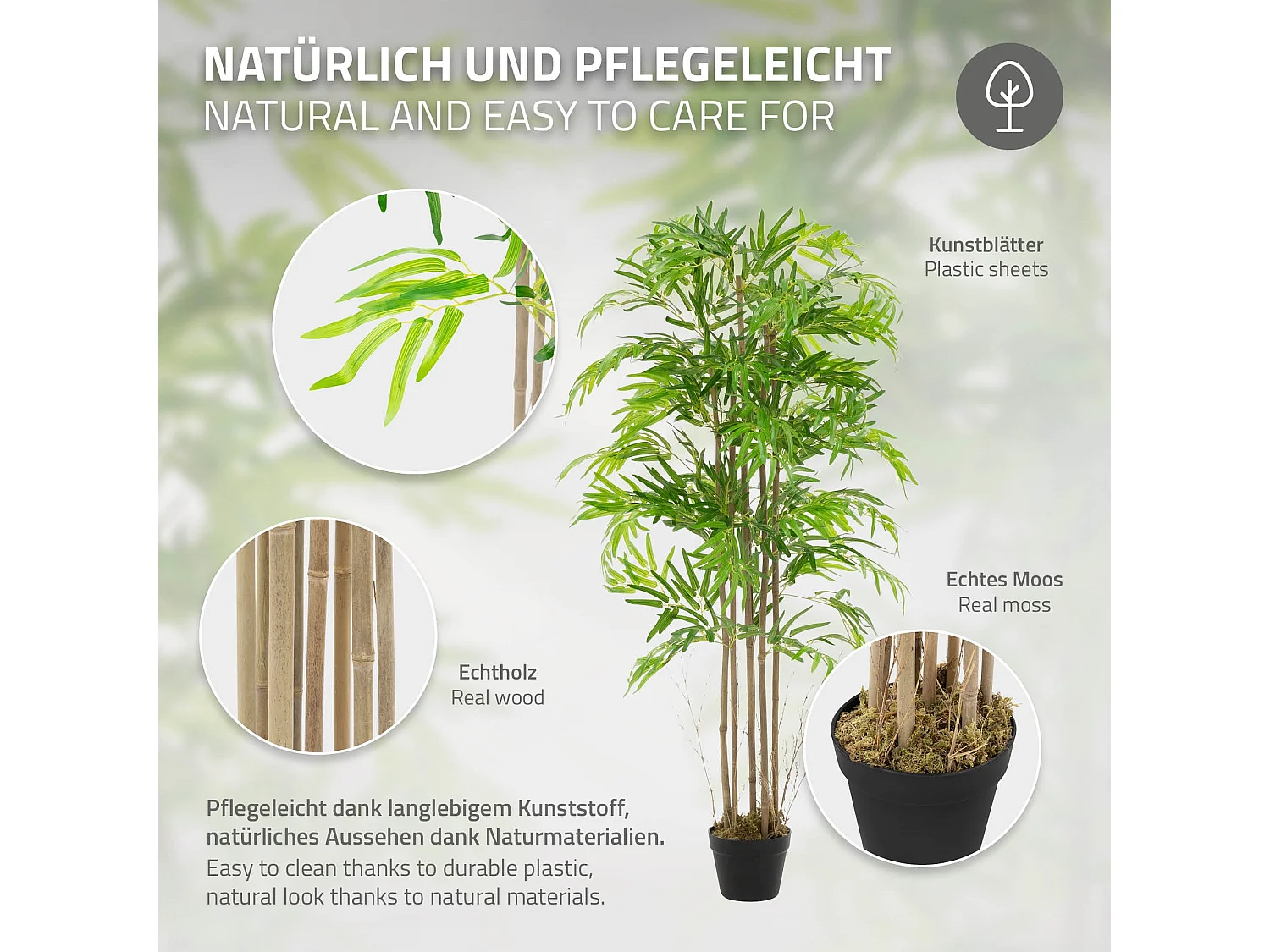Bambou artificiel 150 cm, Plante artificielle grande, Plante artificielle avec tige en bois véritable