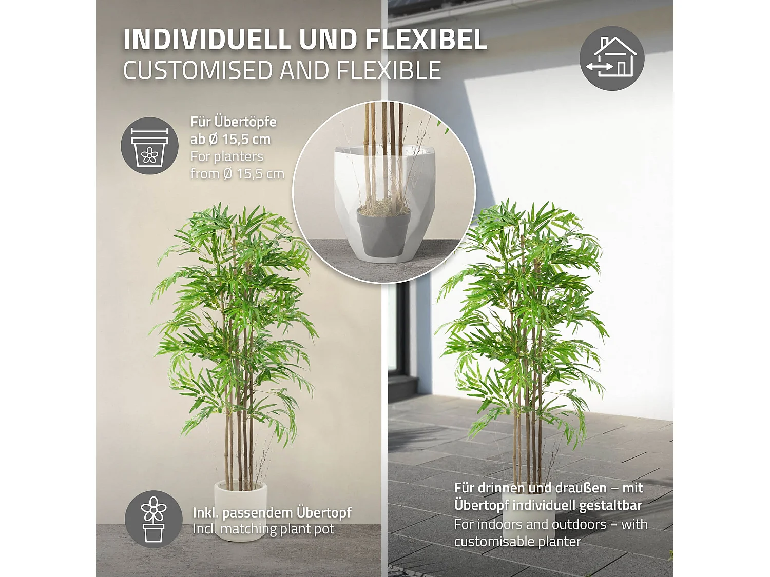 Bambou artificiel 150 cm, Plante artificielle grande, Plante artificielle avec tige en bois véritable