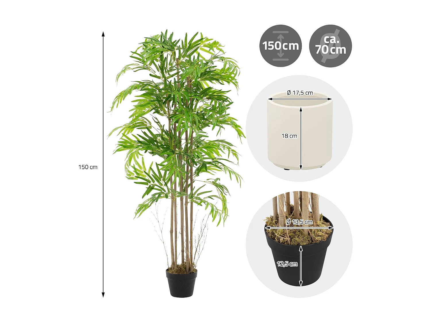 Bambou artificiel 150 cm, Plante artificielle grande, Plante artificielle avec tige en bois véritable