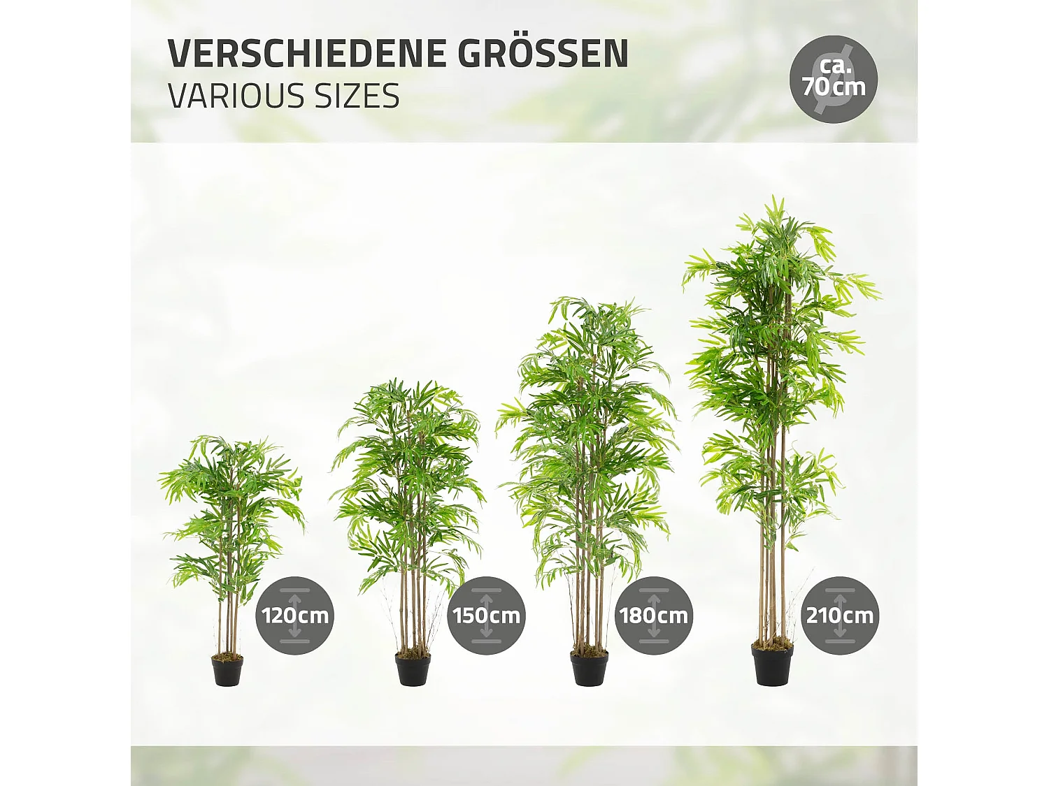 Bambou artificiel 180 cm, Plante artificielle grande, Plante artificielle avec tige en bois véritable