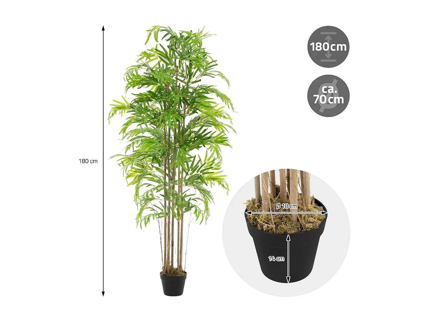 Bambou artificiel 180 cm, Plante artificielle grande, Plante artificielle avec tige en bois véritable