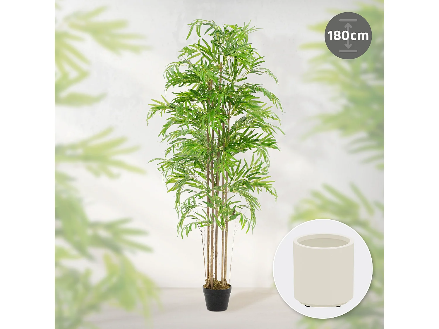 Bambou artificiel 180 cm, Plante artificielle grande, Plante artificielle avec tige en bois véritable