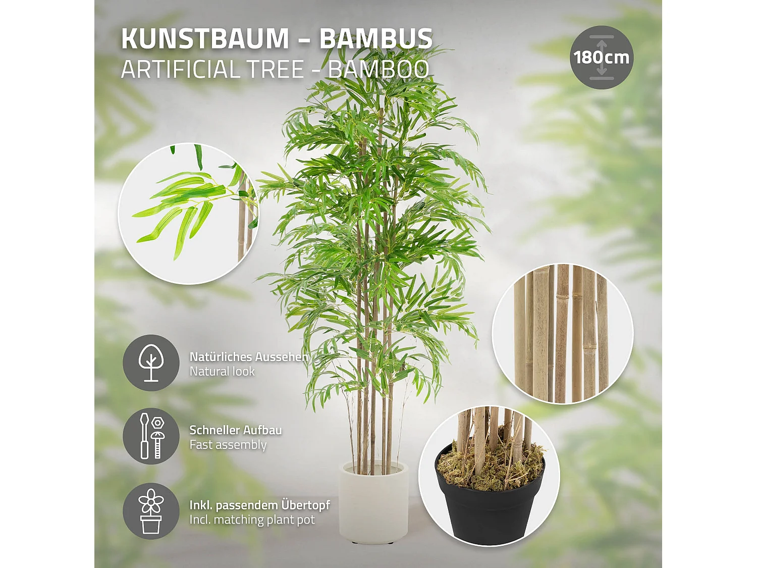 Bambou artificiel 180 cm, Plante artificielle grande, Plante artificielle avec tige en bois véritable