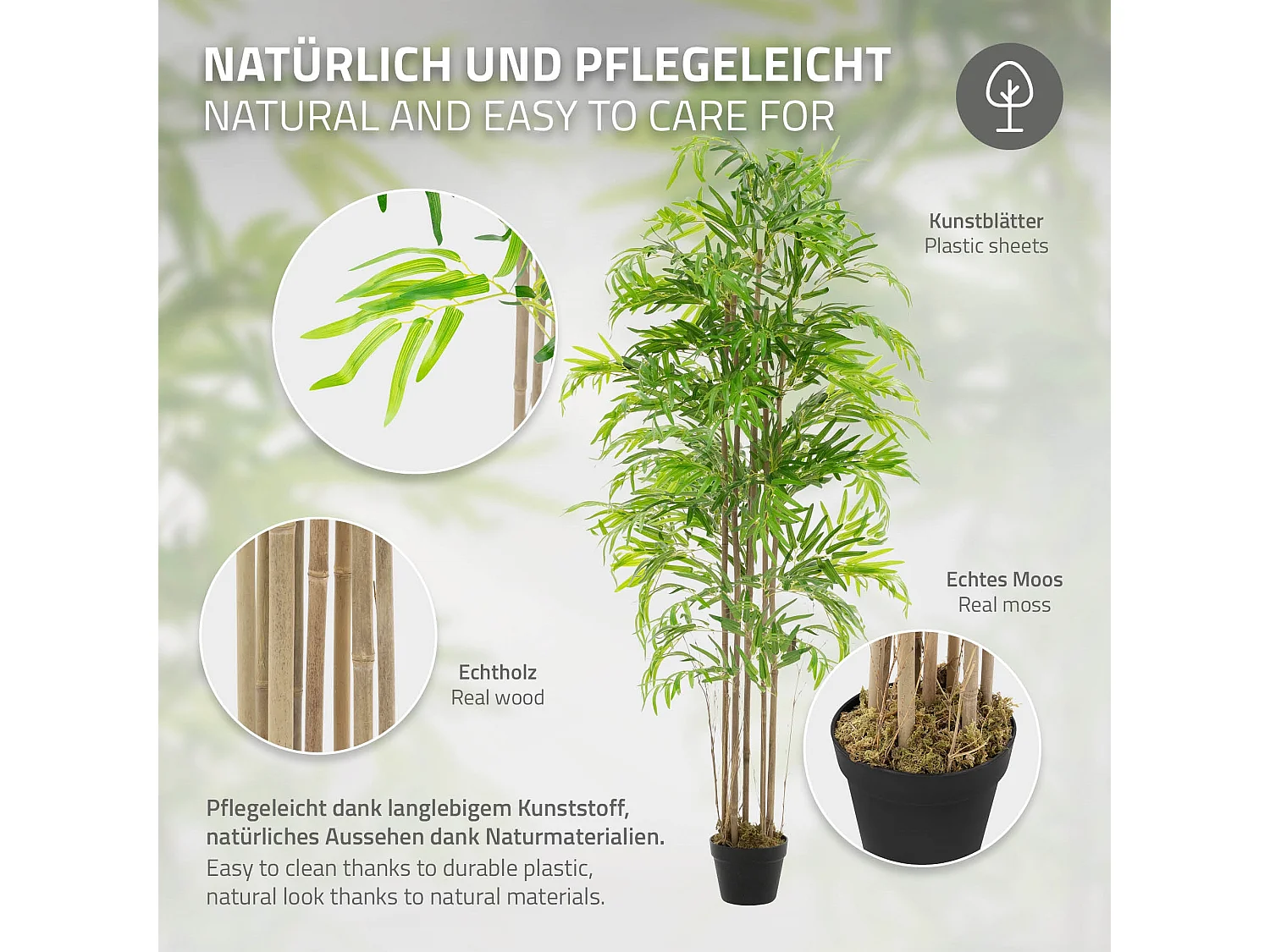 Bambou artificiel 180 cm, Plante artificielle grande, Plante artificielle avec tige en bois véritable