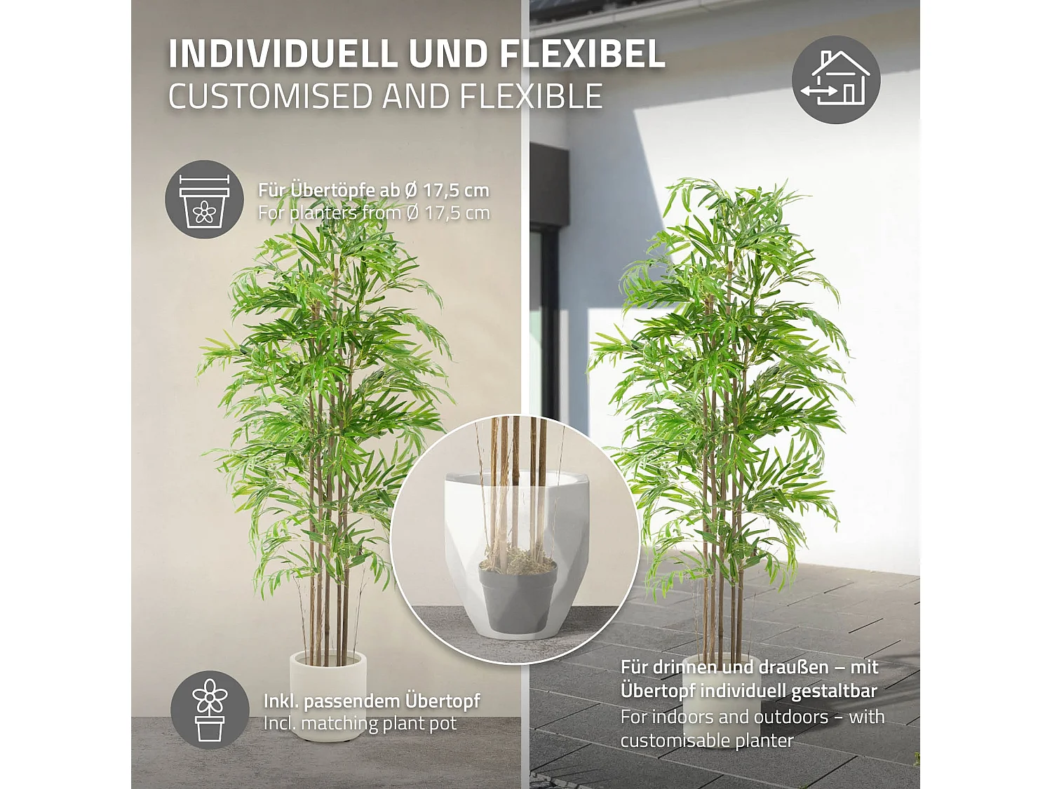 Bambou artificiel 180 cm, Plante artificielle grande, Plante artificielle avec tige en bois véritable
