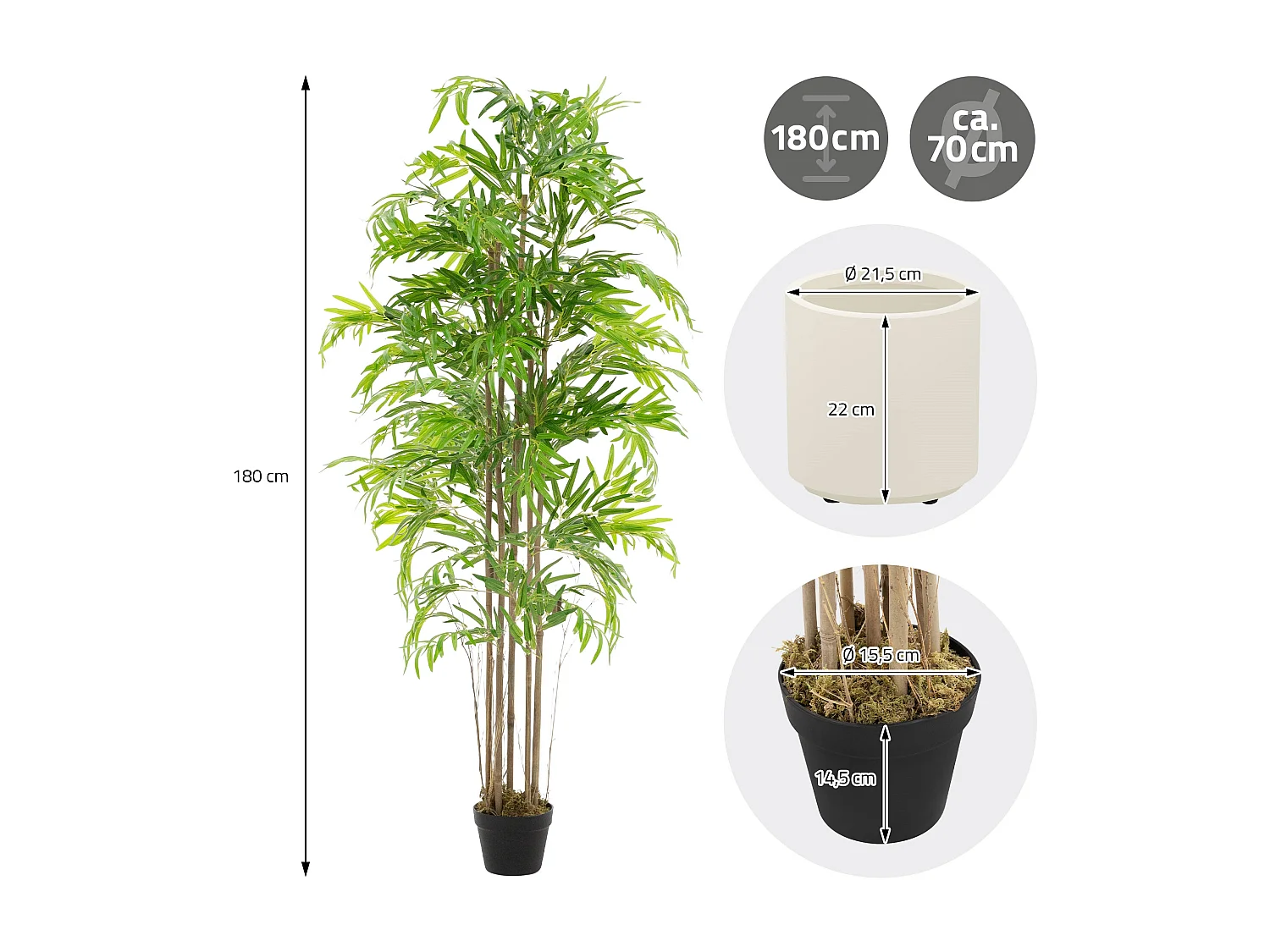 Bambou artificiel 180 cm, Plante artificielle grande, Plante artificielle avec tige en bois véritable
