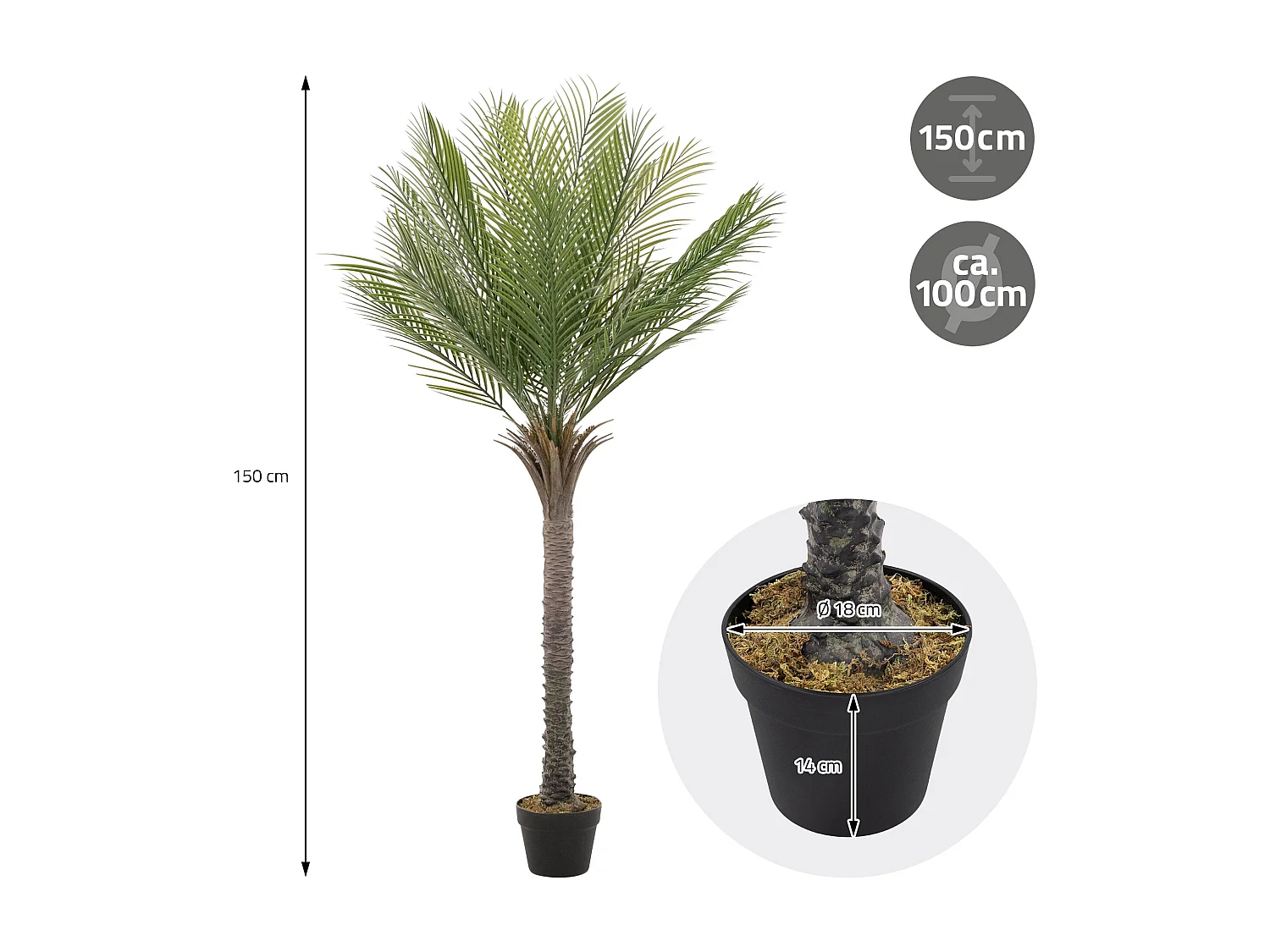 Palmera artificial ML-Design de 150 cm, planta artificial grande, palmera tropical artificial, planta artificial, planta falsa decorativa