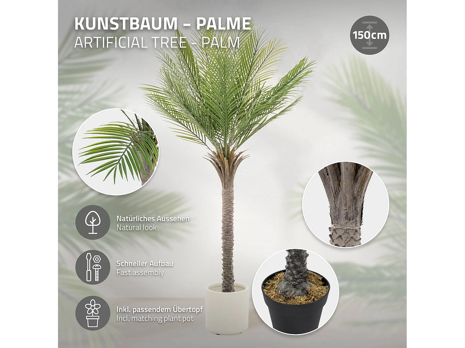 Palmier artificiel 150 cm, Plante artificielle grande, Palmier tropical artificiel, Plante artificielle,  Plant Deko