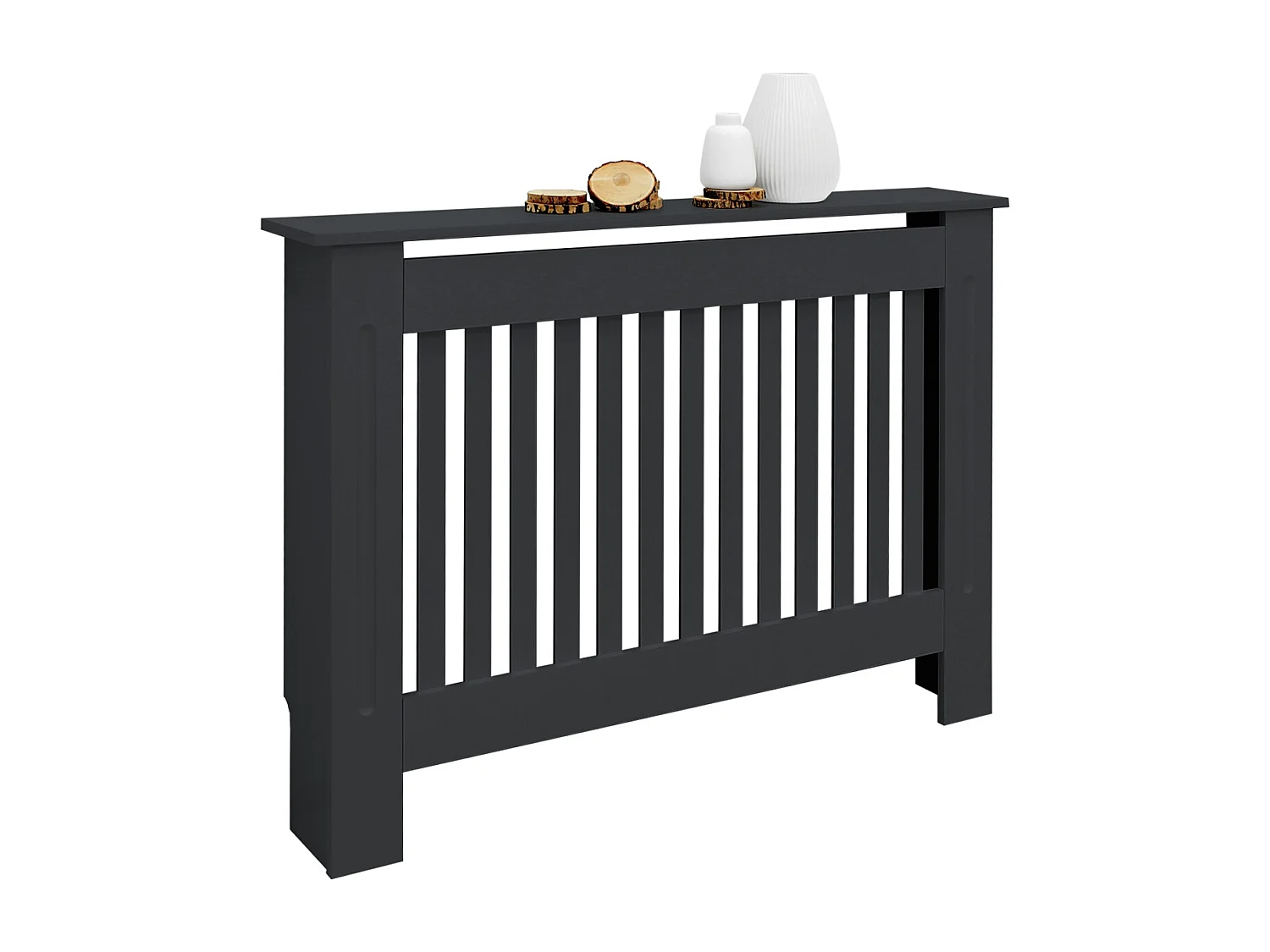 Cache-radiateur 112x19x82 cm anthracite à lattes verticales avec une surface d'étagère habillage robuste en bois MDF matériel de montage mural inclus