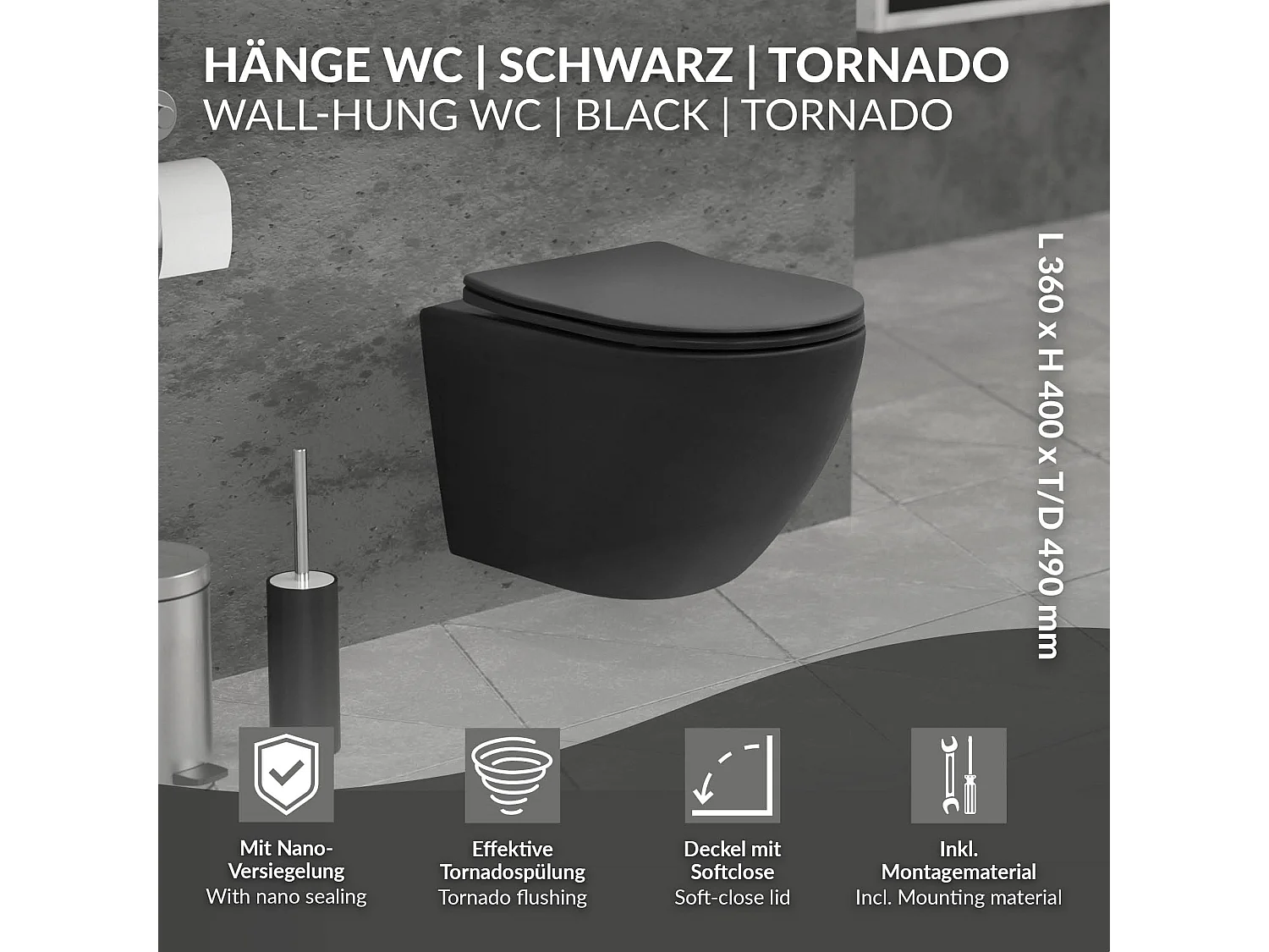 Inodoro suspendido corto nano flush tornado negro con asiento de inodoro Softclose