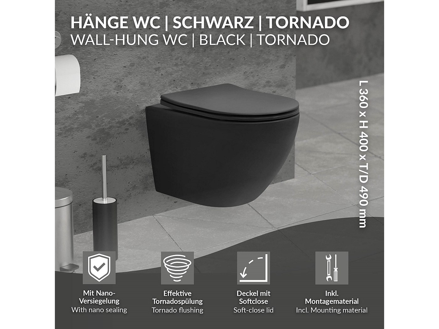 WC suspendu court nano chasse d'eau tornado noir avec siège toilette ...