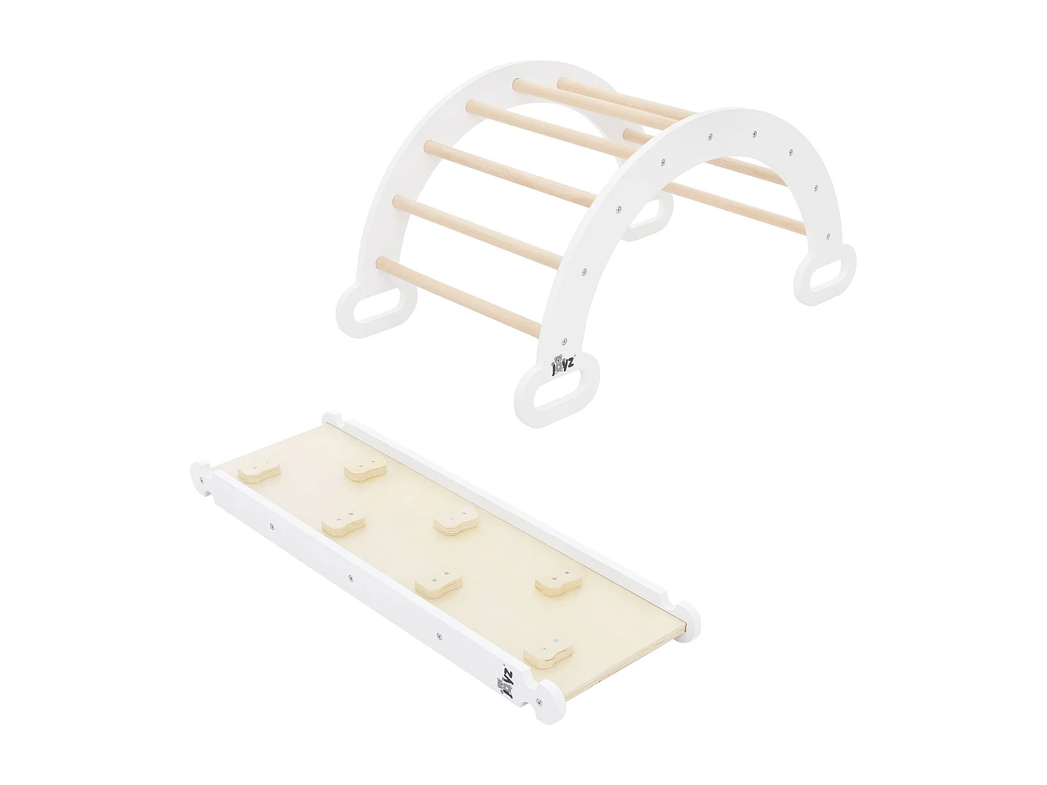 Juguete de motricidad Montessori para niños con triángulo de escalada y tobogán de madera blanco