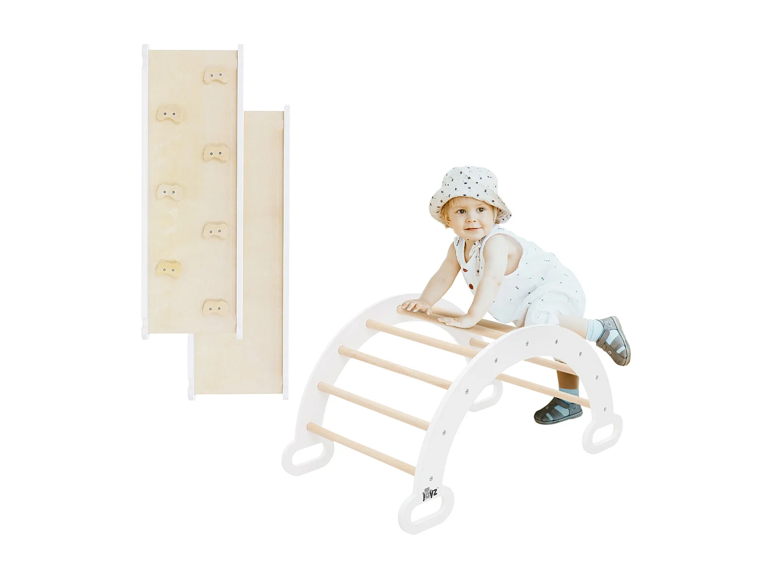 Juguete de motricidad Montessori para niños con triángulo de escalada y tobogán de madera blanco