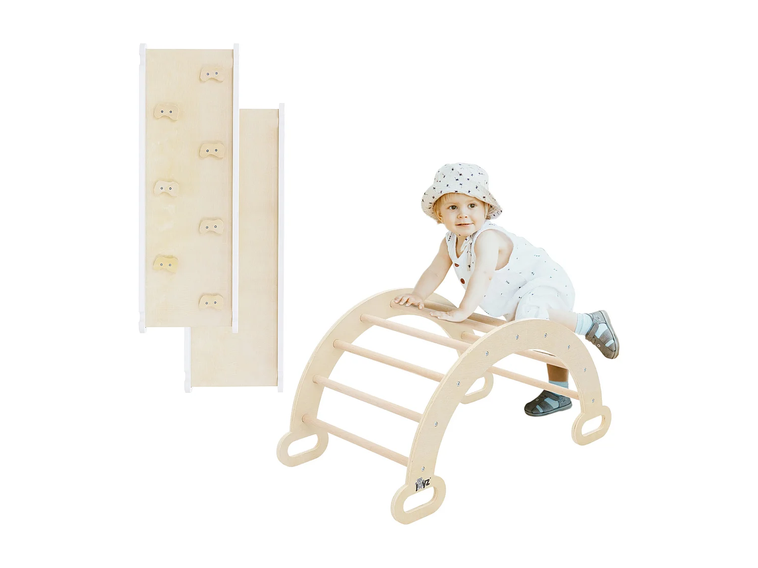 Triángulo de escalada infantil + tobogán de madera natural-blanca Juguete Montessori