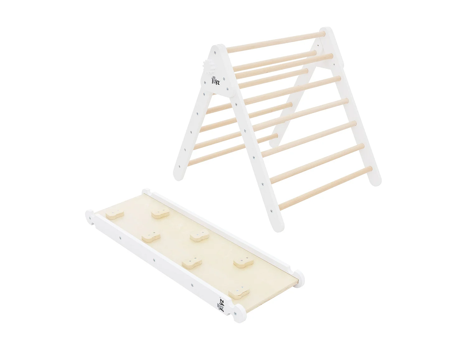 Tobogán de escalada de madera blanca con forma de triángulo para niños